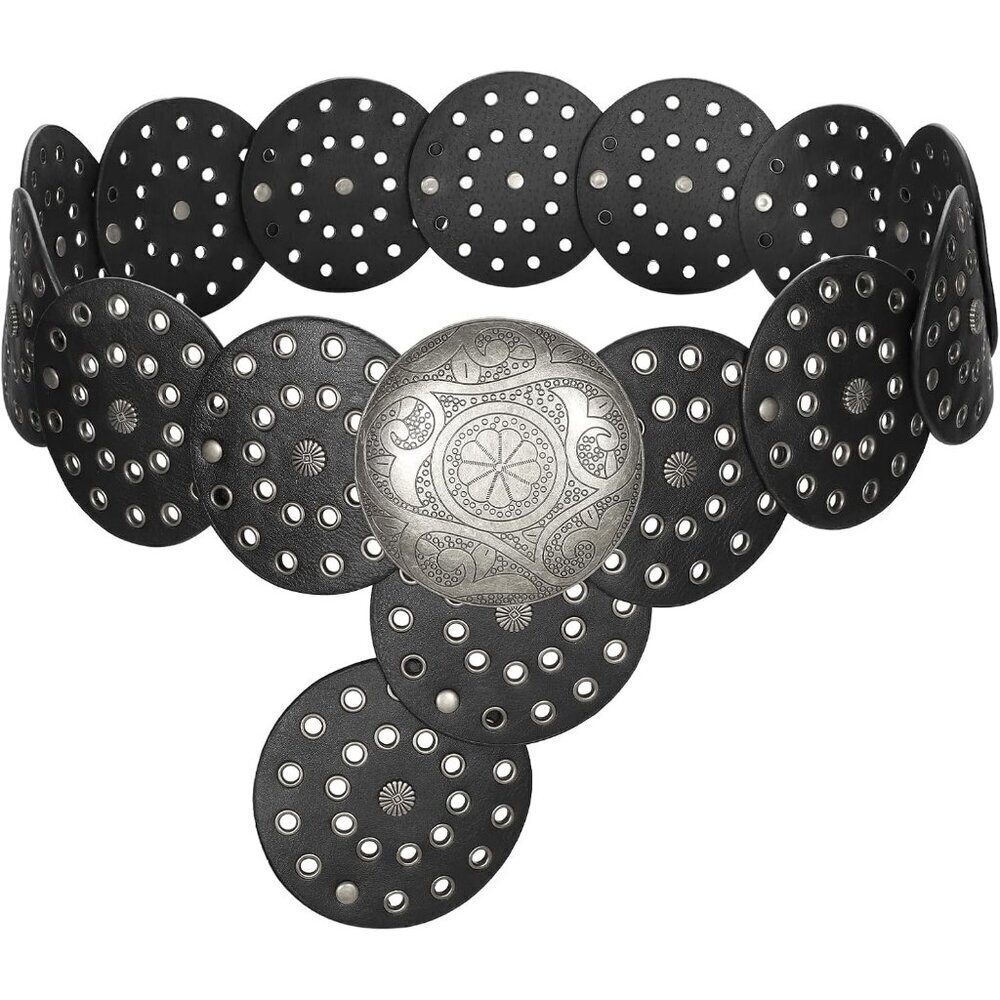 Women Vintage Leather Boho Belt Western Disc Waist Belt for Dress or Jeans